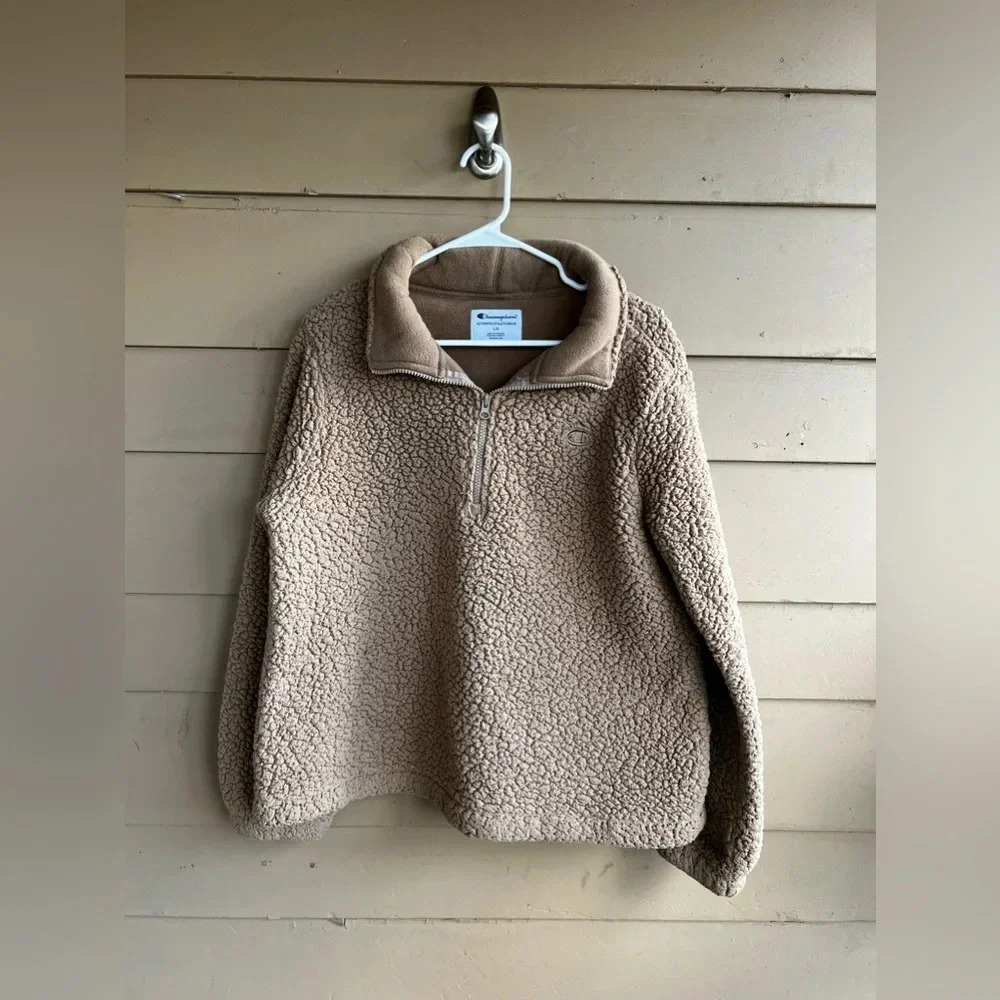 Champion Fleece 3/4 Zip Turtleneck Sweater - Size L - Beige, Neutral, Winter